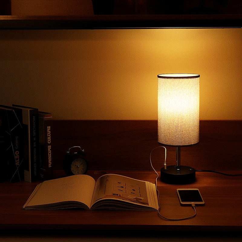 Multifutional Bedside Table Desk Lamp With Dual USB Port Outlet Fabric Shade