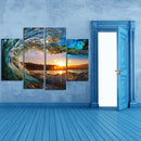 Miico Hand Painted Four Combination Decorative Paintings Wave Sunset Wall Art For Home Decoration