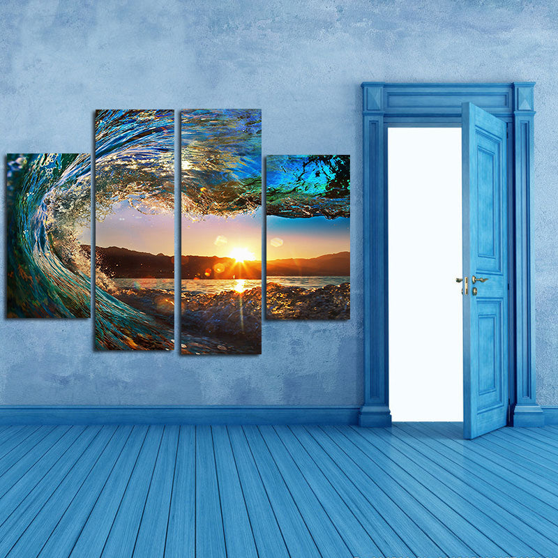 Miico Hand Painted Four Combination Decorative Paintings Wave Sunset Wall Art For Home Decoration