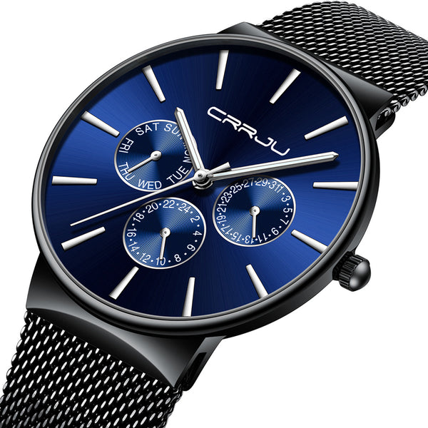 CRRJU 2155 Men Sapphire Blue Three Small Dial Calendar Fashion Steel Strap Casual Quartz Watch