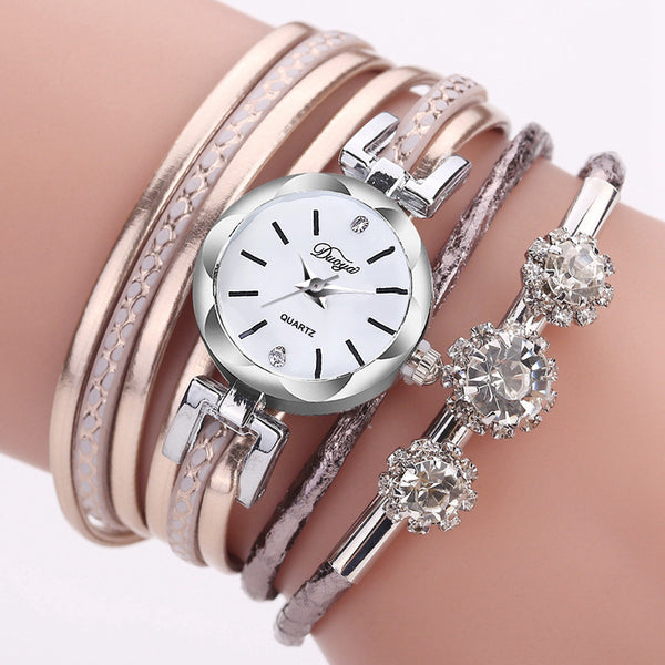 Duoya Luxury Ladies Silver Crystal Clock Women Bracelet Quartz Watch