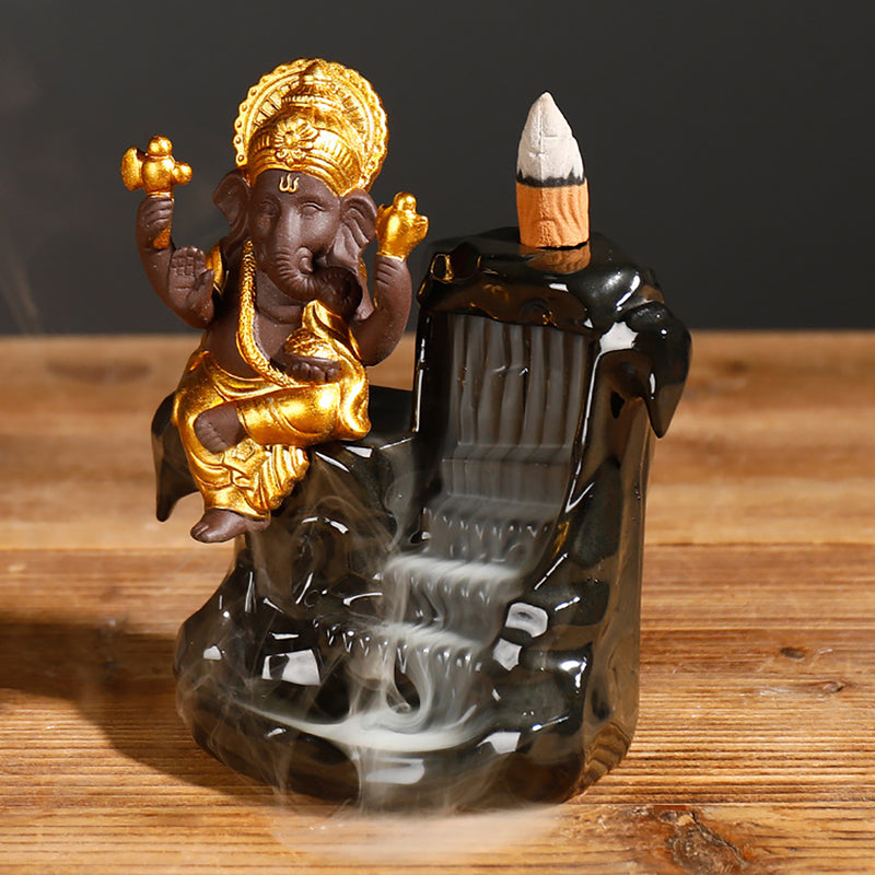 Backflow Incense Burner Ceramic Waterfall Smoke Lucky Elephant Incense Burner Holder for Home Decor Yoga Office Ornament with 10 Free Incense Cones