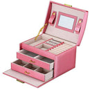 Jewelry Box with Drawer Handle Mirror PU Leather 3 Layer Storage Case Organizer