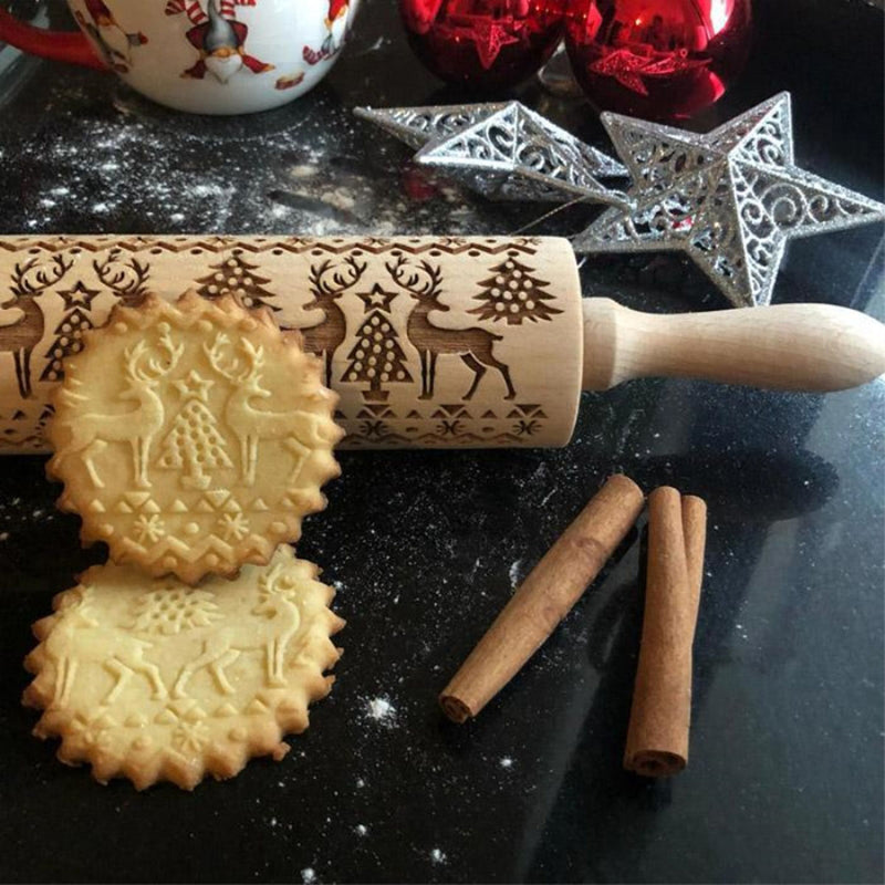 Christmas Elk Print Rolling Pin Engraved Rolling Pin Wooden Embossing Embossed Baking Tools