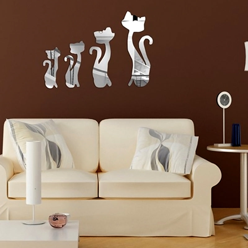 Honana DX-Y3 4Pcs Cute Silver DIY Sexy Cat Mirror Wall Stickers Home Wall Bedroom Office Decor