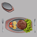 22x13cm Cast Iron Oval BBQ Grill Pan Outdoor Camping Steak Plate Cooking Plate With Wooden Tray