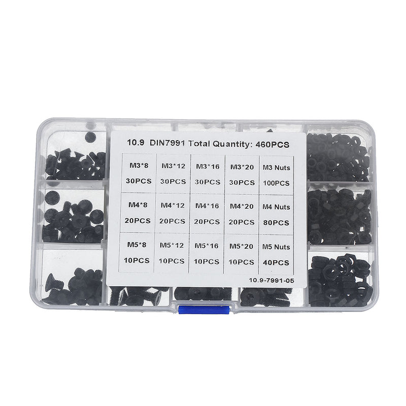 Suleve MXCH7 460Pcs M3 M4 M5 Flat Head Hex Socket Screw Carbon Steel 10.9 Grade Bolt Nut Assortment Kit 8-20mm