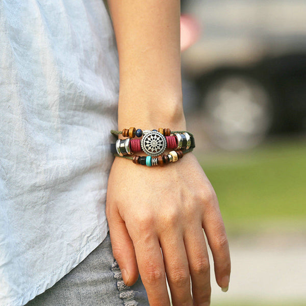 Vintage Leather Wax Rope Bangle Bracelet Sunflower Multilayer Bracelet For Men