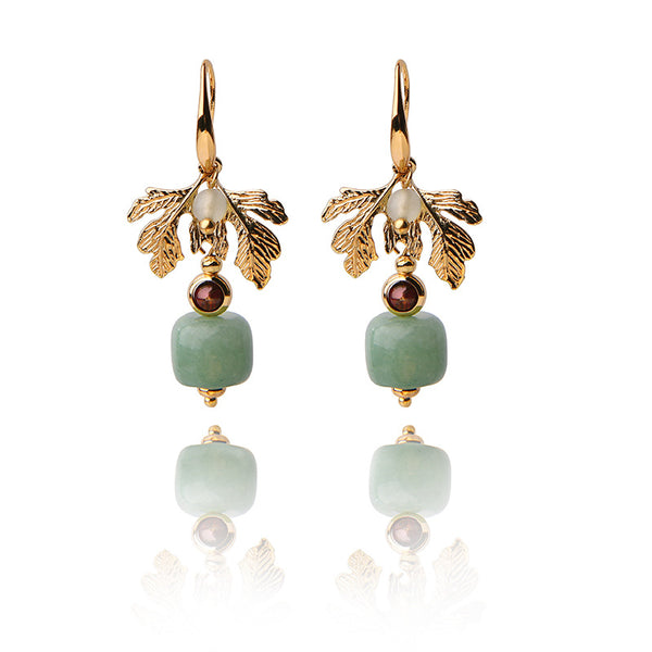 Ethnic Jewelry Vintage Handmade Earrings Luxury Gold Leaf Jade Charm Dangle Earring for Women