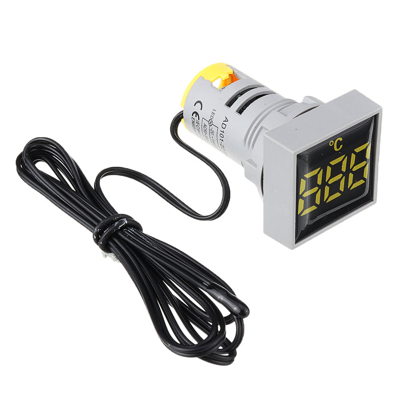 10pcs Mini Crystal Film Square Yellow LED Digital Thermometer Signal Light AC 50-380V 220V Temperature Meter Indicator Range -20-200 with 1m Sensor