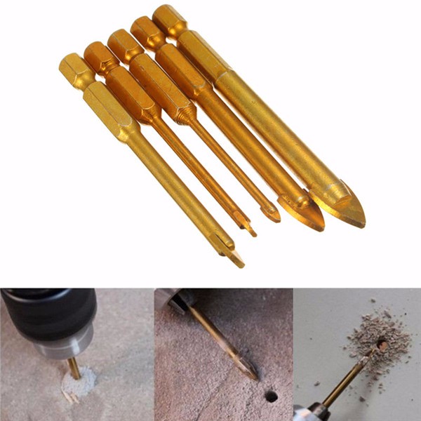 5pcs 3/4/6/8/10mm Titanium Coated Hex Shank Glass Drill Bit Set
