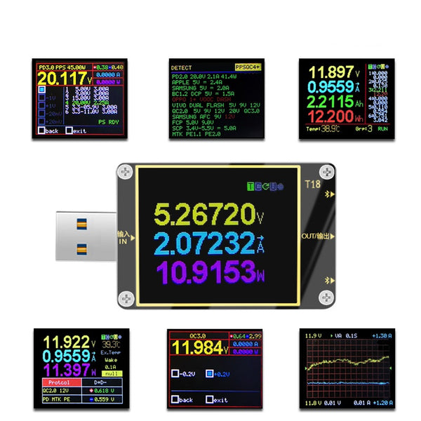 T18-X6 USB Tester Voltage Current Voltmeter Meter HD Color QC4+ PD3.0 QC2.0/QC3.0 PPS Fast Charging Protocol Capacity Test