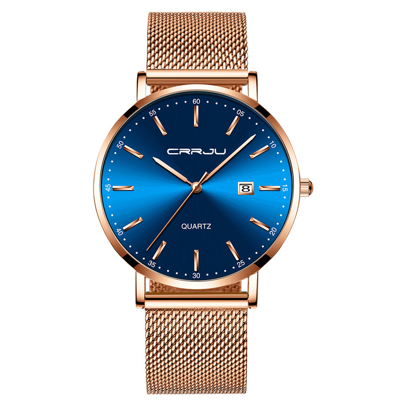 CRRJU 2161 Business Style Date Display Luxury Blue Dial Full Steel Strap Men Quartz Watch