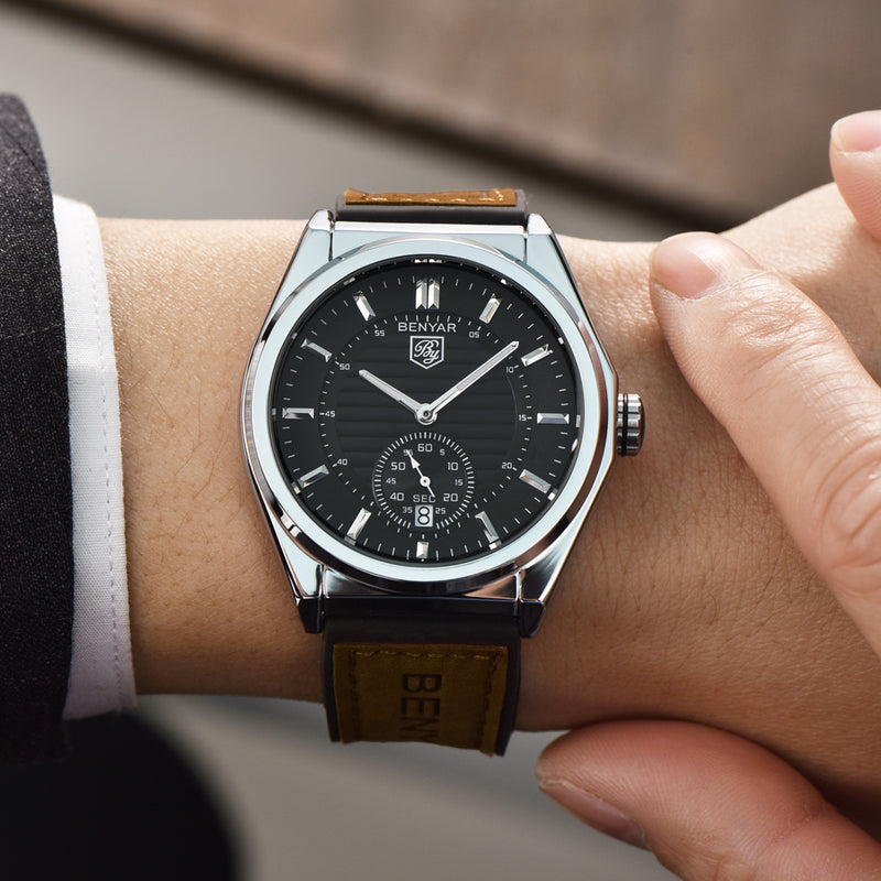 BENYAR 5125M Sport Men Watch 3ATM Waterproof Calendar Leather Strap Quartz Watch