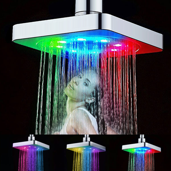Automatic Square Shower Head Home Bathroom Rainfall Polished 7 Colors Auto Changing LED Light