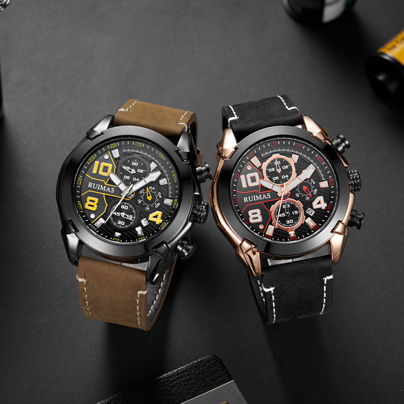 RUIMAS 551 Luminous Display Chronograph Men Watch Leather Strap Metal Case Quartz Watch