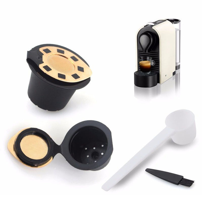 3Pcs/Set Gold Chrome Plating Refillable Coffee Capsule Cup Reusable Coffee Pods w/ Spoon Brush for Nescafe Dolce Gusto Brewer
