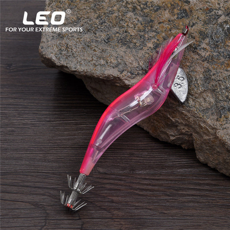 LEO 1pc 10/11/13cm LED Wooden Shrimp Fishing Lure Luminous Squid Jig Hard Bait Fishing Tackle