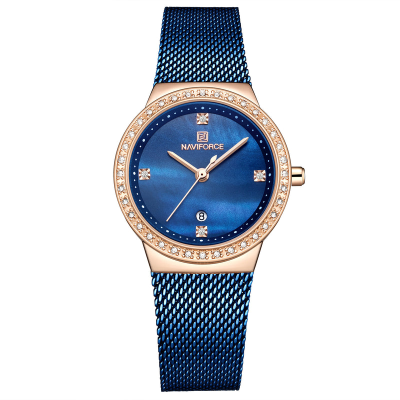 NAVIFORCE 5005 Diamonds Casual Style Ladies Wrist Watch Mesh Steel Date Display Quartz Watch