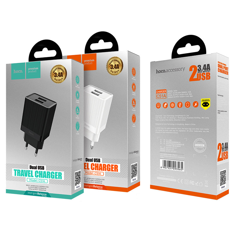 HOCO Dual USB EU Plug Wall Smart Travel USB Charger for Samsung Xiaomi Huawei