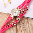 Gold Case Colorful Leather Beading Strap Ladies Dress Women Bracelet Wristband Quartz Watch