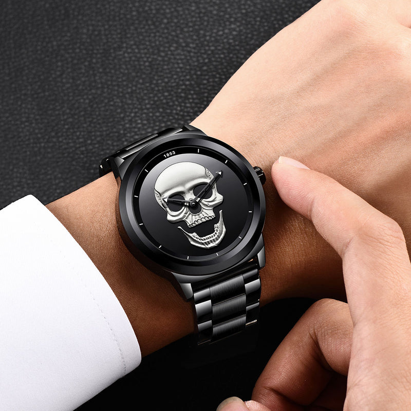 LIGE LG9876 Special Skull Pattern Three-needle Stainless Steel Quartz Watch Men Watch