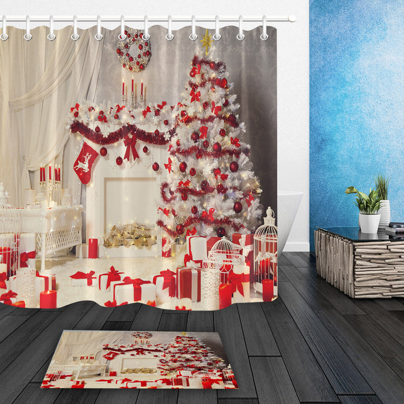 Christmas Tree Interior Xmas Fireplace Pink Decorated Indoors Shower Curtain Bathroom Sets