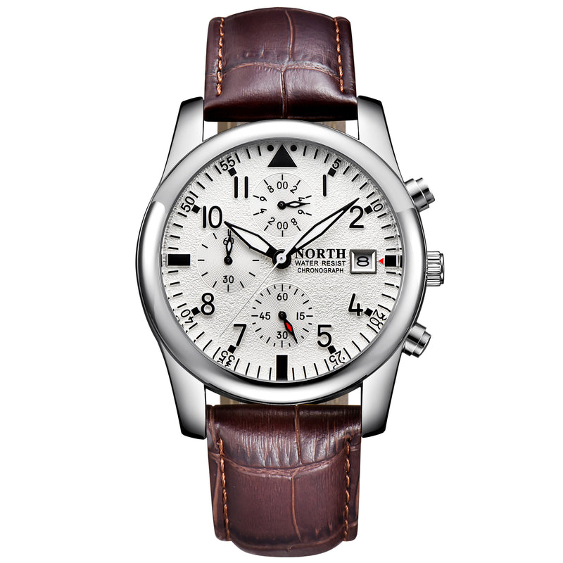 NORTH N-7718 Calendar Business Style Men Wrist Watch Working-dials Leather Strap Quartz Watch