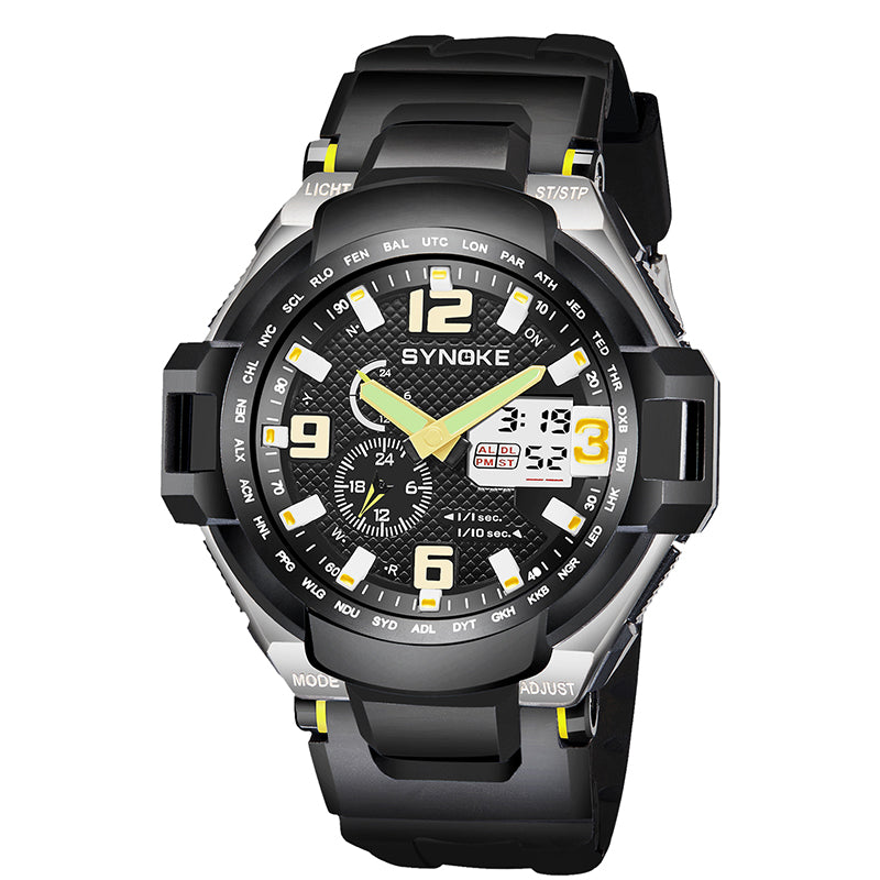 SYNOKE 67606 5ATM Waterproof Men Fashion Luminous Display Stopwatch Watch Dual Display Digital Watch