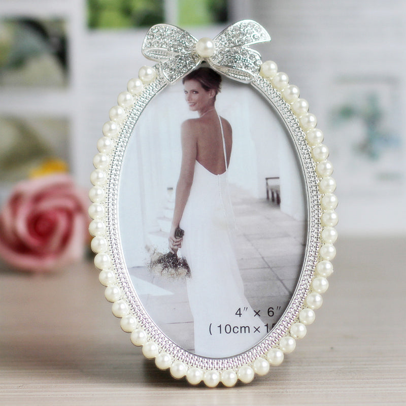 6 Inch Oval Photo Frame Crystal Bow Pearl Home Decor Christmas Gift Picture Frame