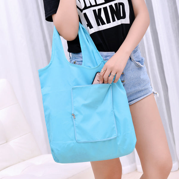 Solid Polyester Waterproof Shopping Bag Reusable Foldable Tote Shoulder Bag