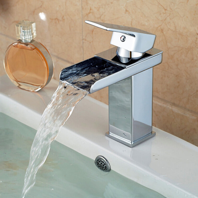 Bathroom Waterfall Basin Sink Faucet Square Hot Cold Water Mixer Tap Chrome