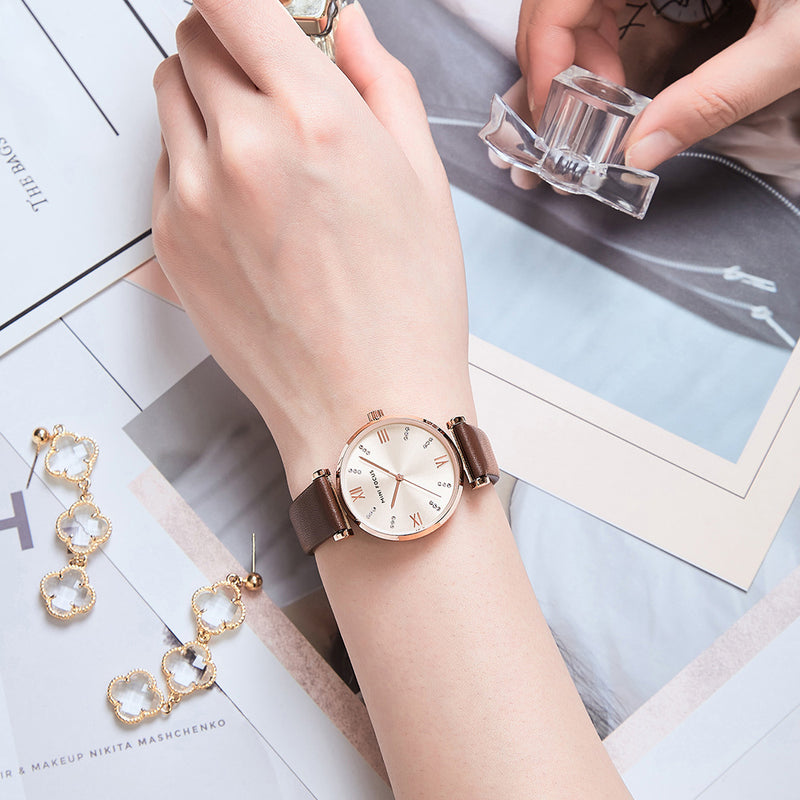MINI FOCUS 0335L Fashion Zircon Decoration Women Watch Waterproof Genuine Leather Strap Quartz Watch