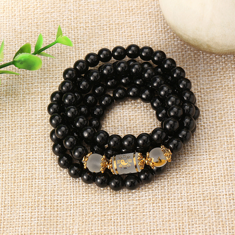Unisex Artificial Crystal Obsidian Bracelet 108 Buddha Beads Zodiac Lucky Necklace