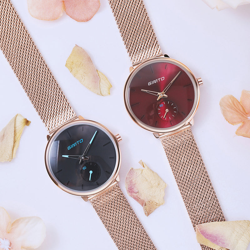 GIMTO GM270 Simple Two-pin Design Dial Rose Gold Mesh Steel Strap Fashion Women Quartz Watch