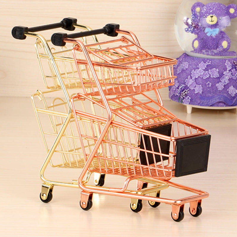 Children Mini Metal Shopping Trolley Kids Pretend Role Play Desktop Organizer Toy