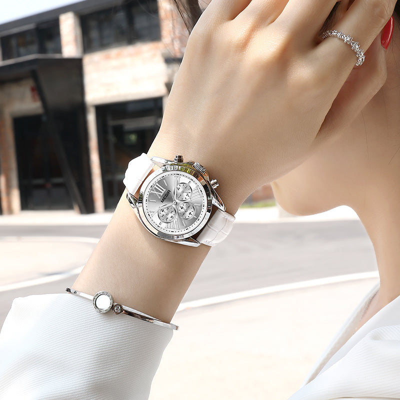 MEGIR 2114 Chronograph Genuine Leather Luxury Retro Women Watch Wristwatch Quartz Watch