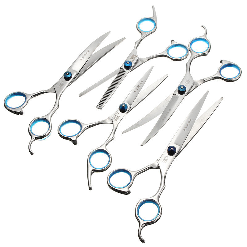5Pcs/Set Dog Cat Pet Professional Grooming Hair Cutting Thinning Curved Scissors Shear