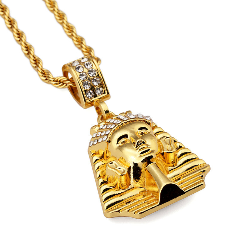Men's Hip Hop Gold Necklace Fashion Rhinestone Pharaoh Pendant Necklace