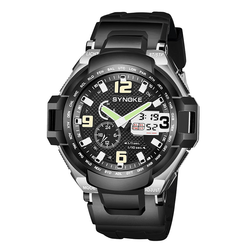 SYNOKE 67606 5ATM Waterproof Men Fashion Luminous Display Stopwatch Watch Dual Display Digital Watch
