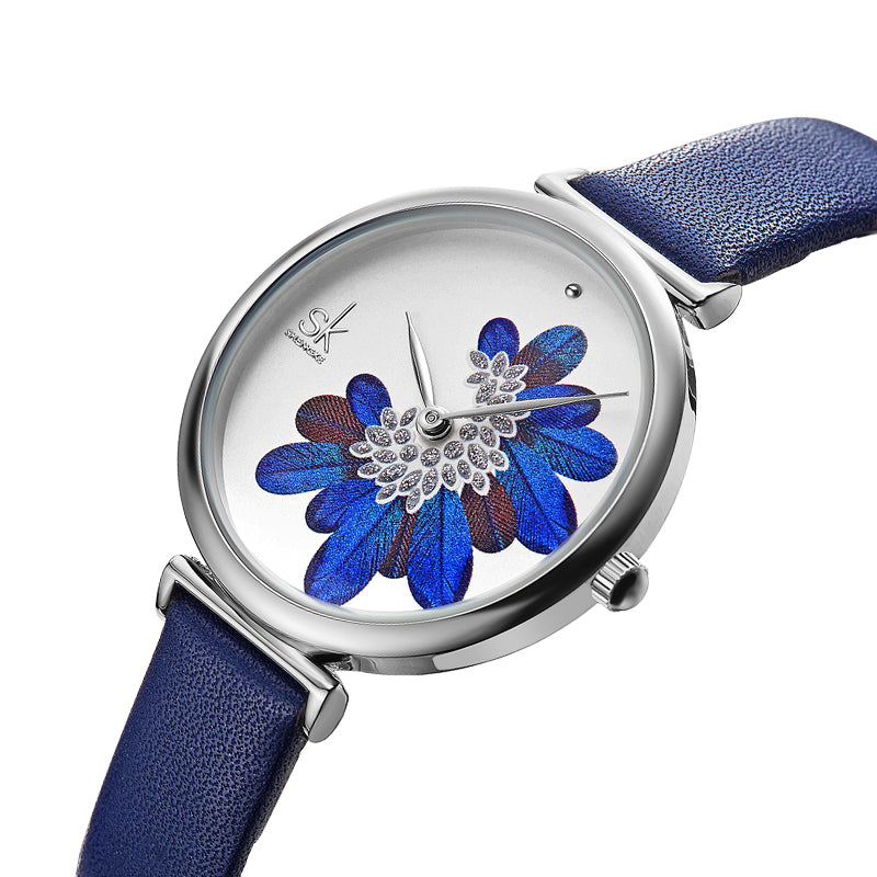 SHENGKE SK K0123 Leaves Pattern Crystal Flowers Female Fashion Elegant Women Ladies Leather Quartz Watch