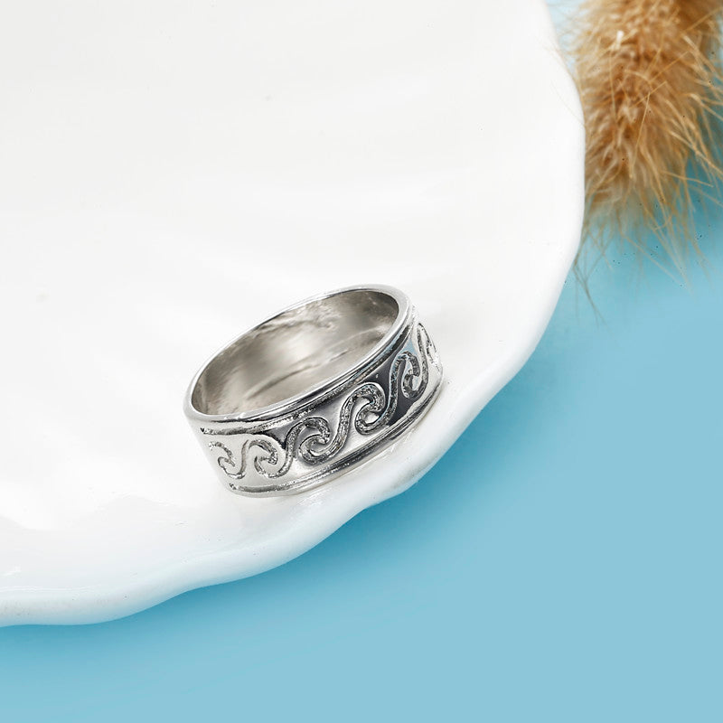 Vinatge Finger Ring Antique Silver Simple Engraved Pattern Wave Rings Ethnic Jewelry for Women Men