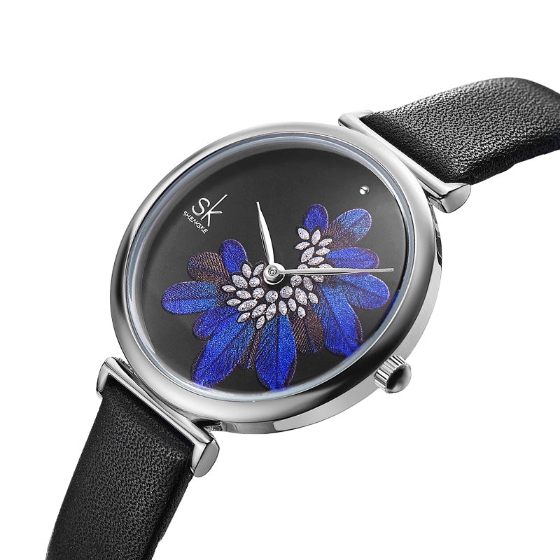 SHENGKE SK K0123 Leaves Pattern Crystal Flowers Female Fashion Elegant Women Ladies Leather Quartz Watch