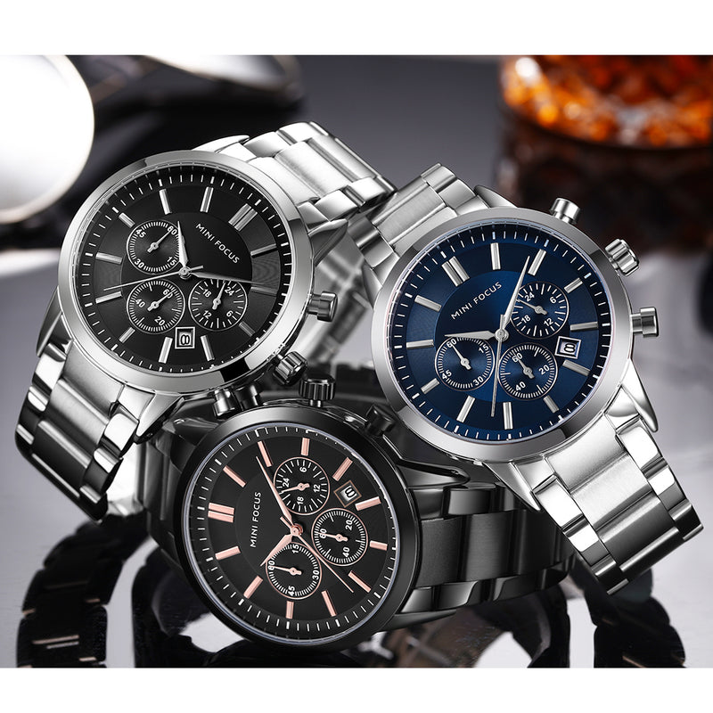 MINI FOCUS MF0188G Business Style Calendar Stainless Steel Men Wrist Watch Quartz Watch