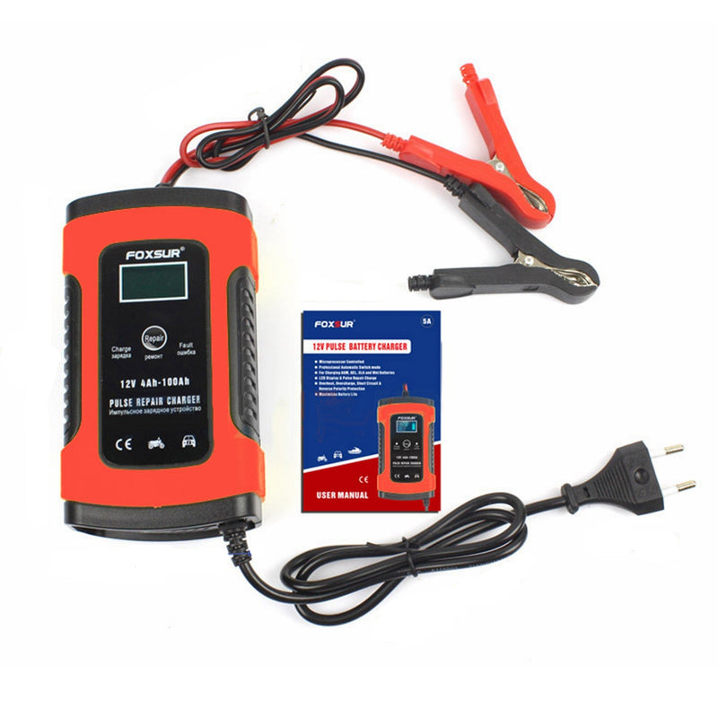 FOXSUR 12V 5A Pulse Repair LCD Battery Charger Red For Car Motorcycle Agm Gel Wet Lead Acid Battery
