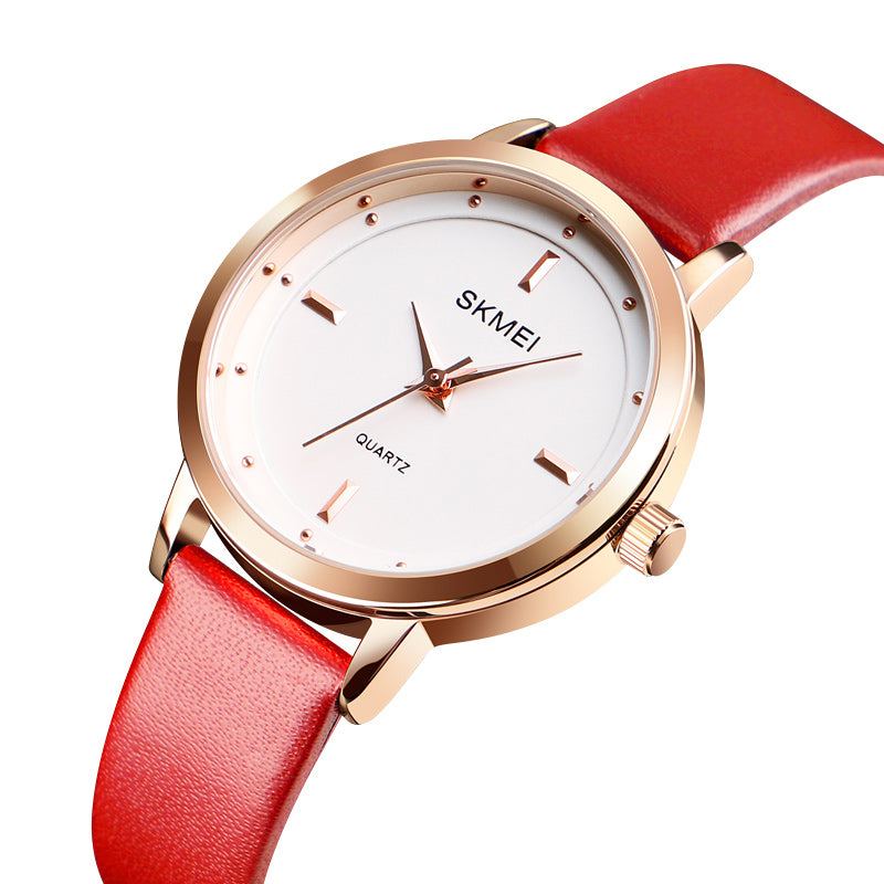 SKMEI 1457 Women Fashion Simple Dial Rose Gold Case Leather Strap Quartz Watch