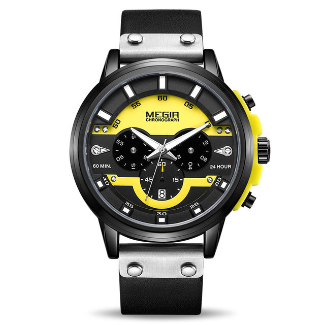 MEGIR 2080 24Hours Chronograph Luminous Hands Waterproof Leather Sports Quartz Watch Men Wristwatch