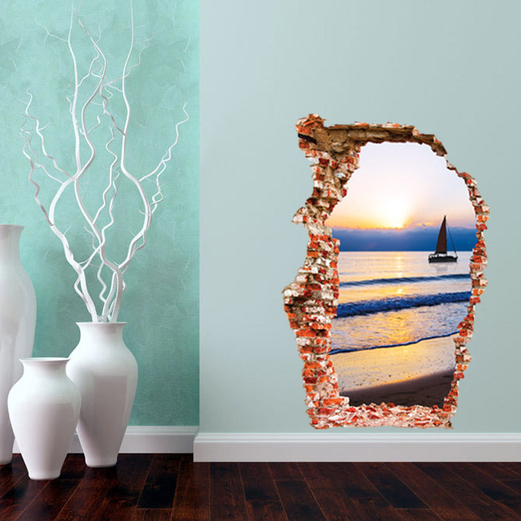Miico Creative 3D Sea Sunset Broken Wall Removable Home Room Decorative Wall Door Decor Sticker