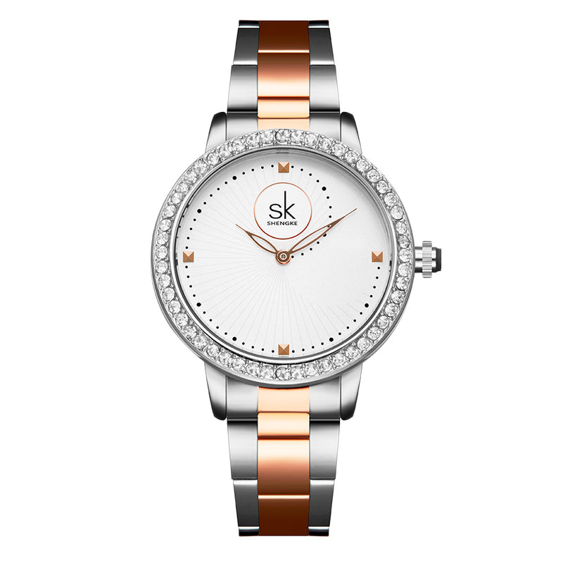 SHENGKE SK K0111 Full Steel Fashion Women Crystal Case Simple Needle Ladies Dress Quartz Watch