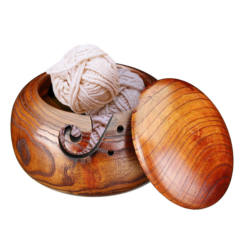 Bamboo Yarn Bowl Holder With Lid Wooden Skeins Knitting Crochet Thread Box Storage Baskets